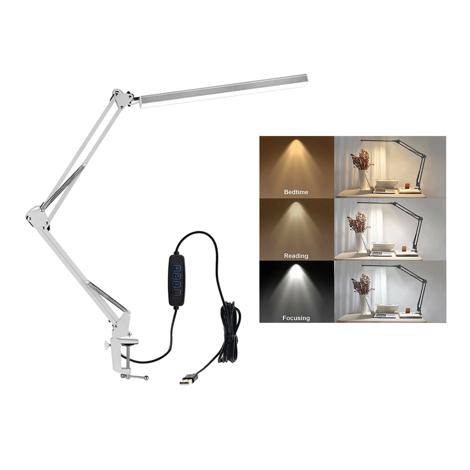 Eye Protection LED Reading Lamp with Clip Bedside Long Arm Table Light