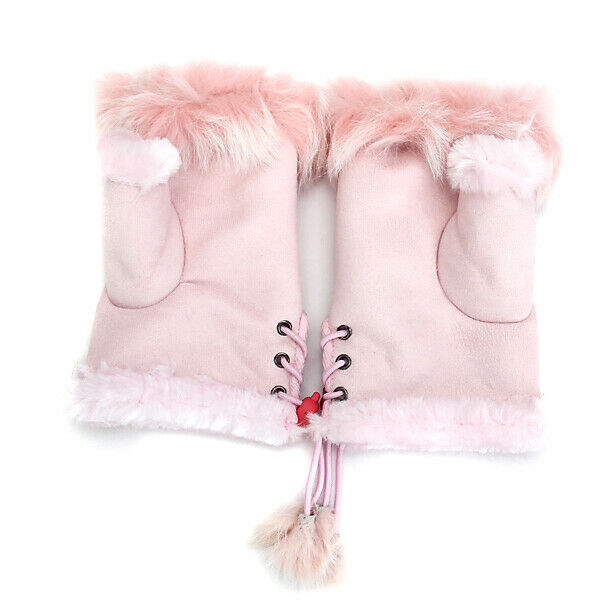 Rabbit Fur Girls Hand Wrist Warmer Fingerless Gloves - Light Pink