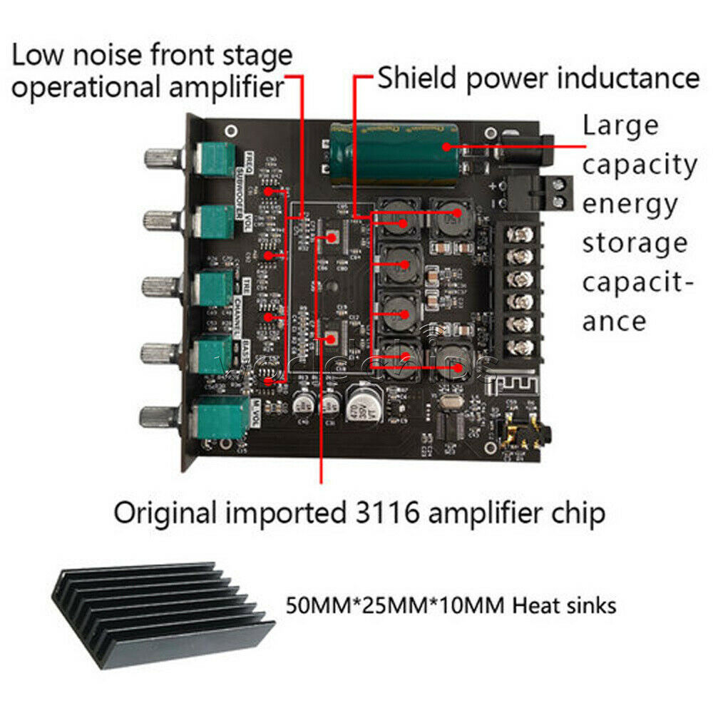 Digital Bluetooth 5.0 TPA3116D Amplifiers Board 2.1 Channel Audio 2*50W+100W AUX