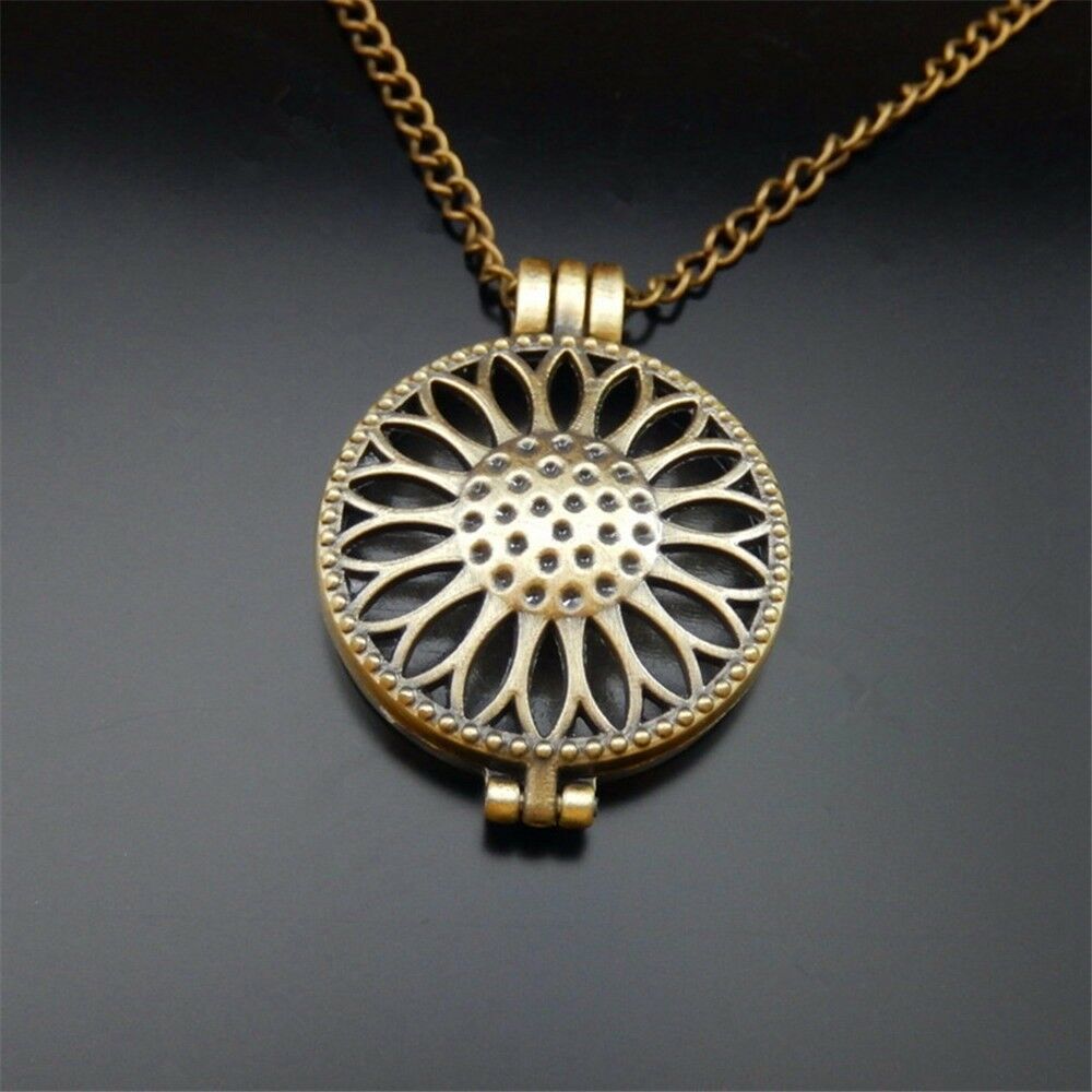 1pcs Sunflowers Hollowed Lockets Bronze Alloy Necklace Pendants Oil Diffuser