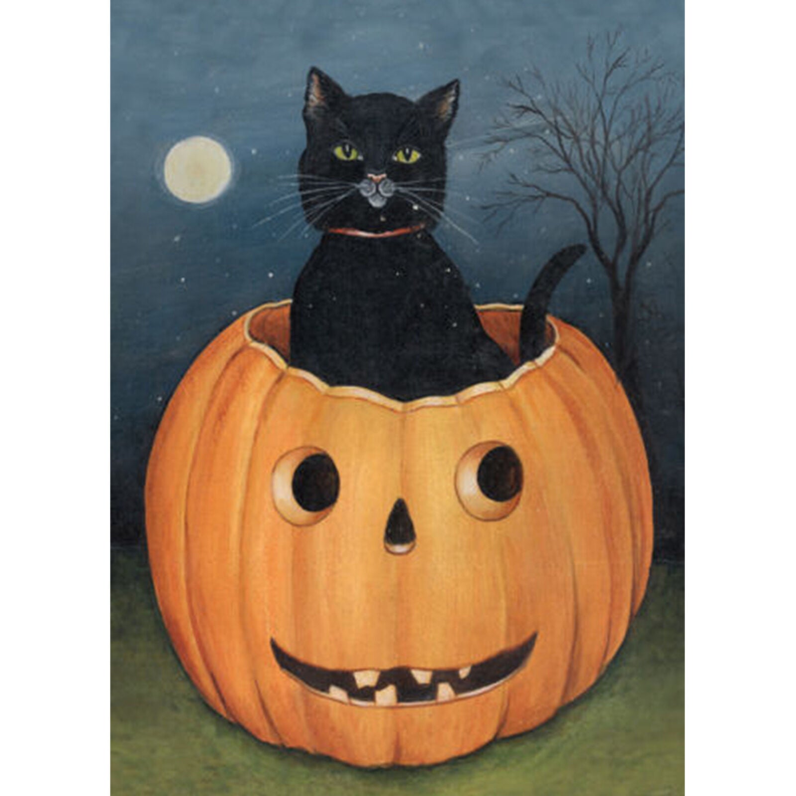 Toland Hallow Cat 12.5 x 18 Americana Black Kitty Moon Pumpkin Garden Flag