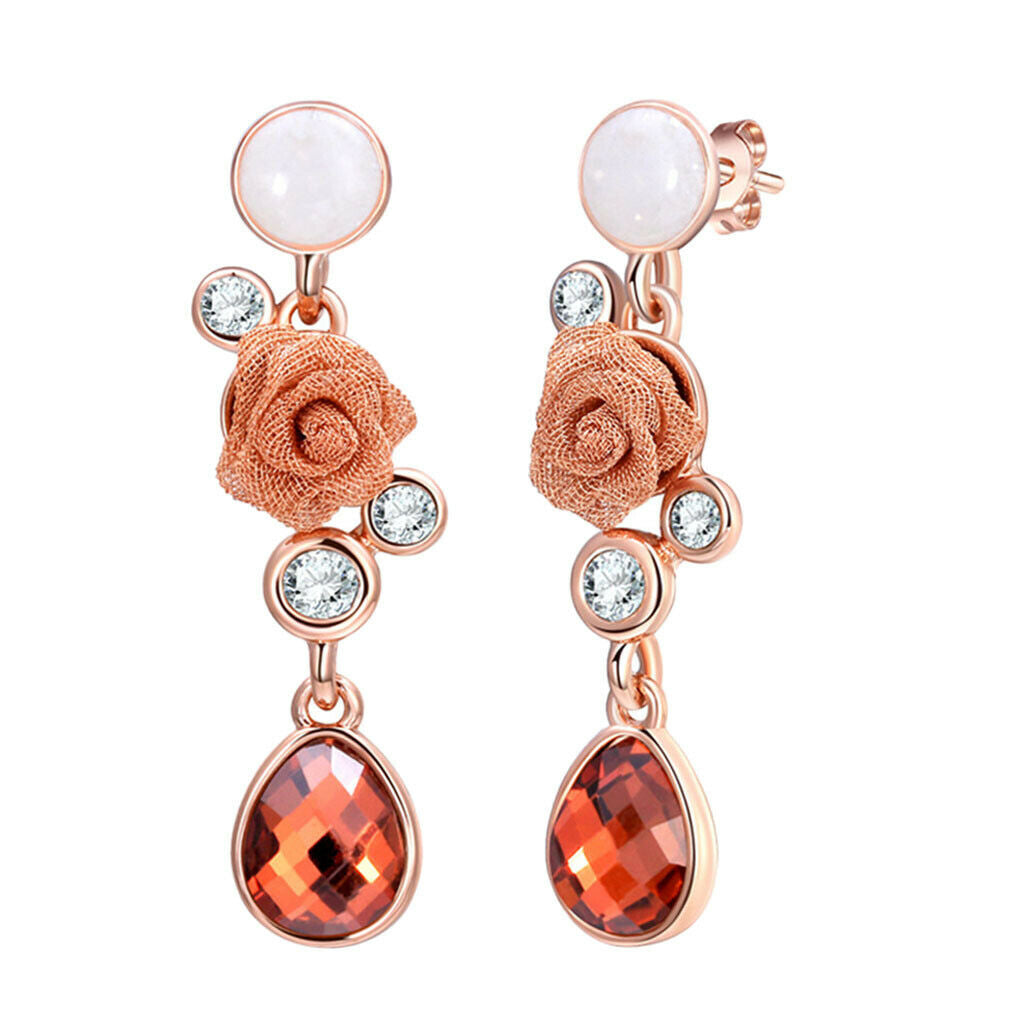 Chic Floral Roses Flower Drop Earrings Czech Drill Alloy Jewelry Accessories