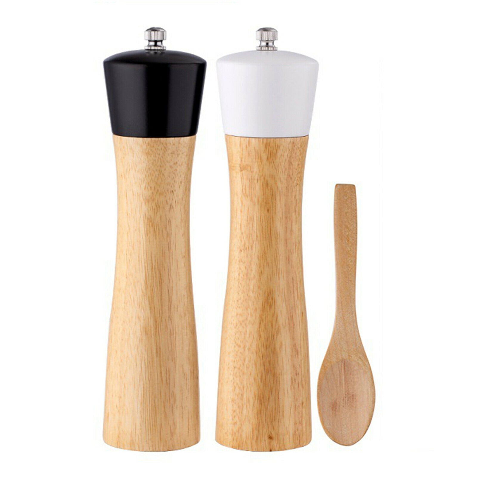 Wood Salt and Pepper Grinder Set Adjustable Shaker Mill Kitchen with a Spoon