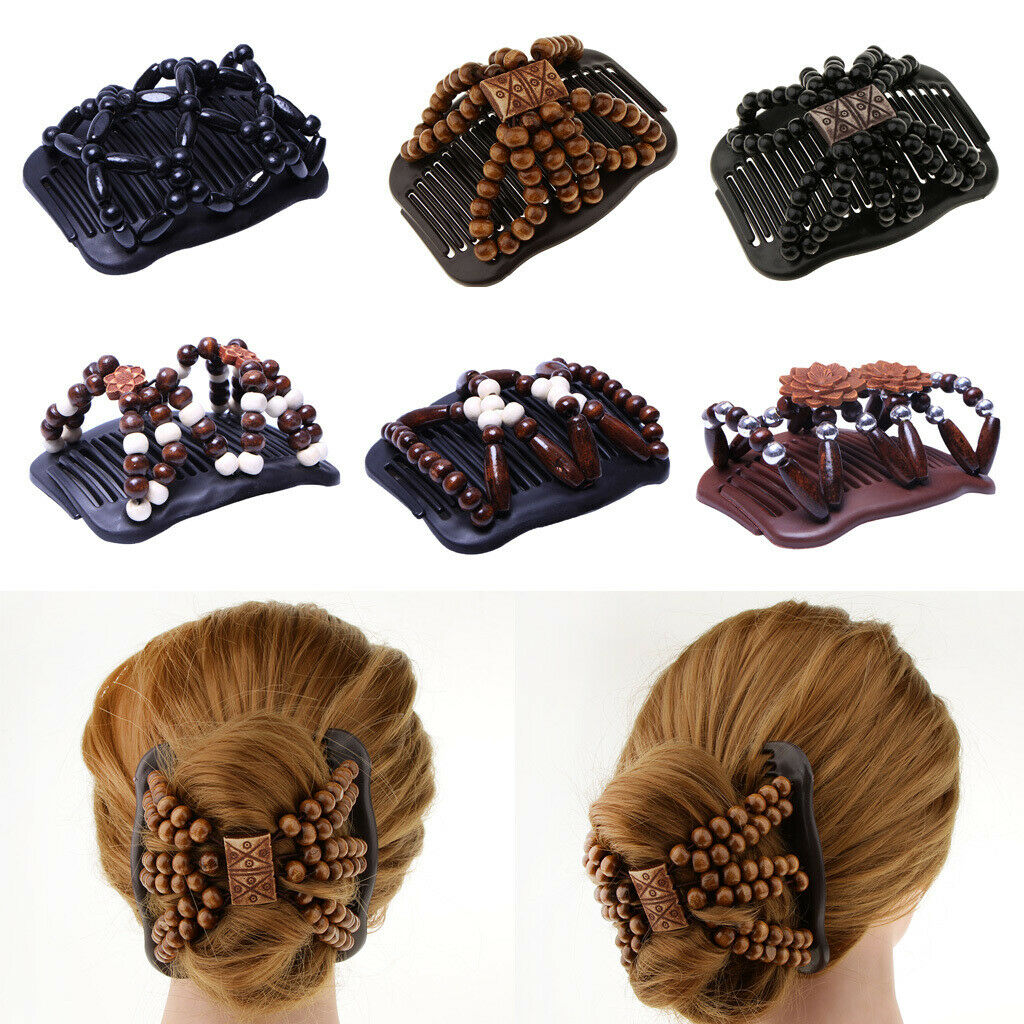 6pcs Double Side Wooden Bead Hair Slide Comb Clip Elastic Hair Accessories