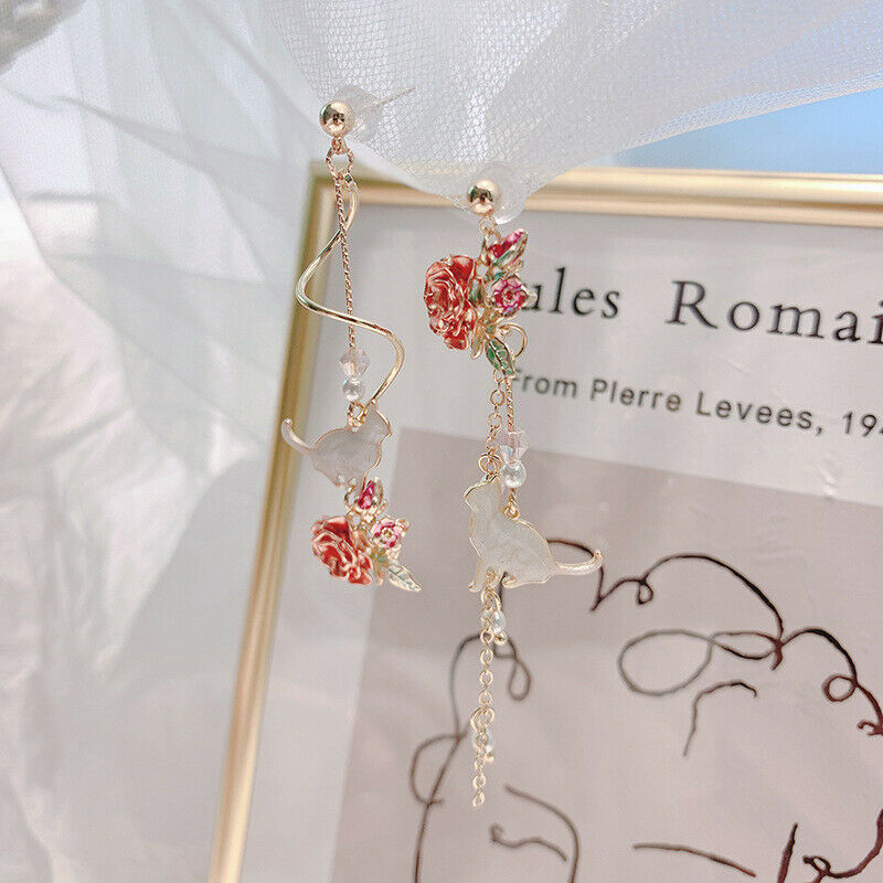 Sweet Cute Cat Flowers Leaves Pendant Flower Tassel Earrings Jewelry Earr.l8