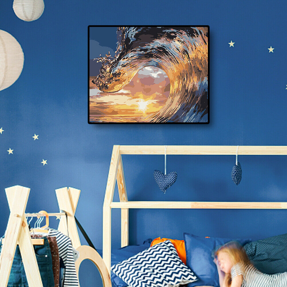 DIY Digital Oil Painting By Numbers Kits Surging Waves Drawing Sea Picture  @