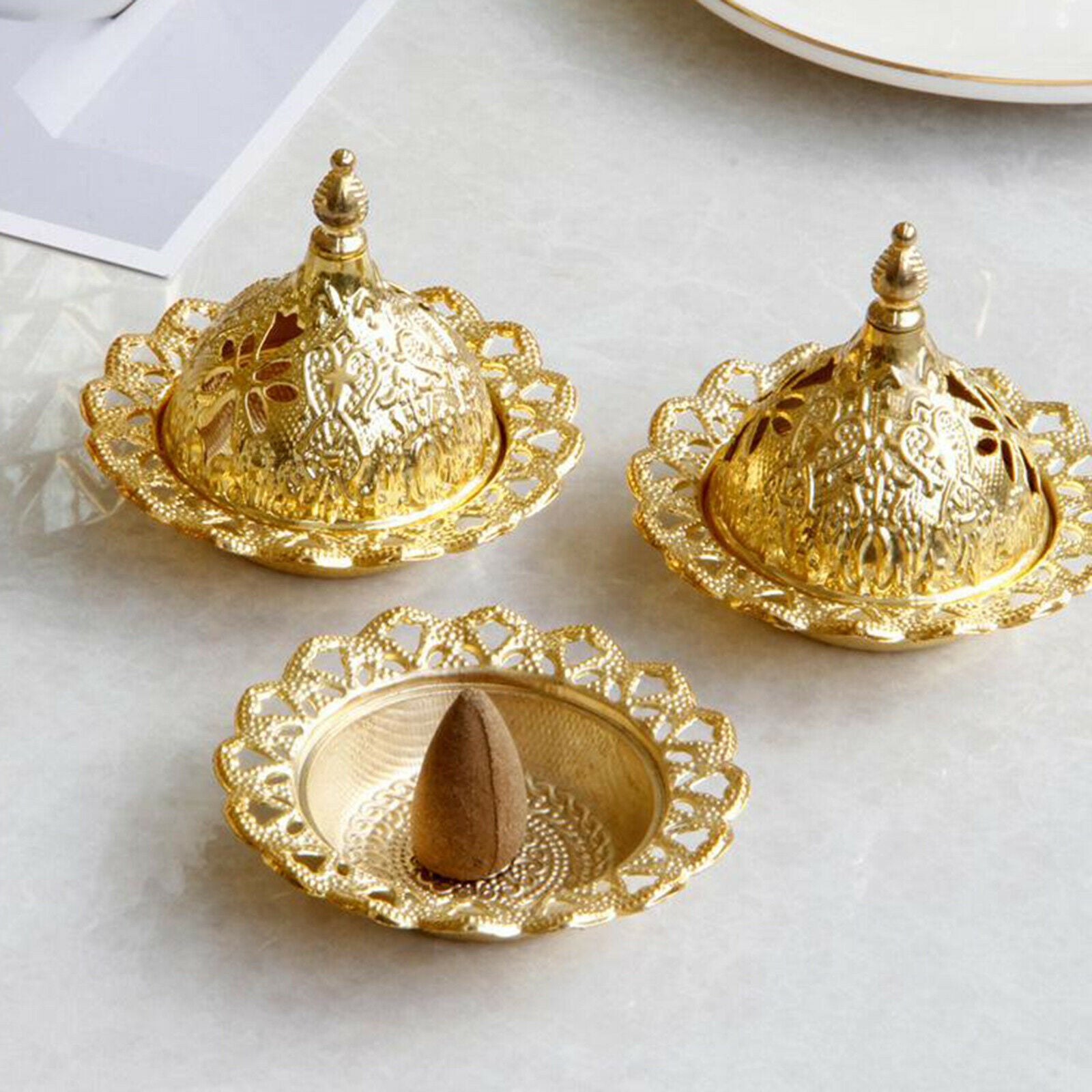 Metal Incense Cone Burner Holder Waterfall Backflow Censer Temple Golden
