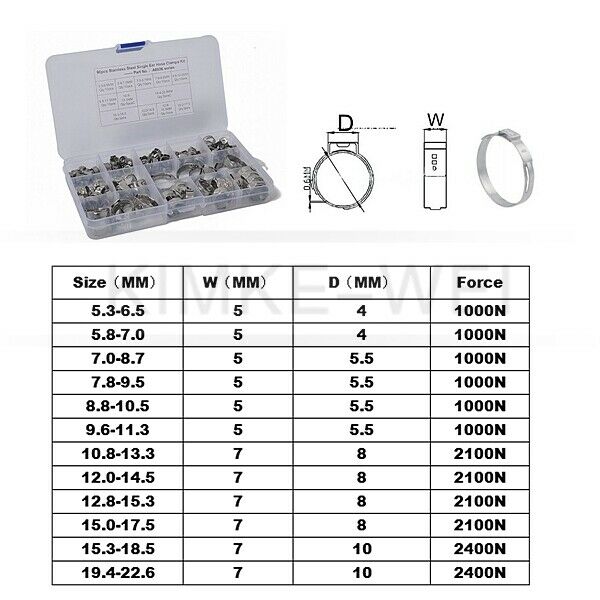 90pcs Stainless Steel Single Ear Hose Clamps Fuel Air Pipe O-Clips 12 Size Kits