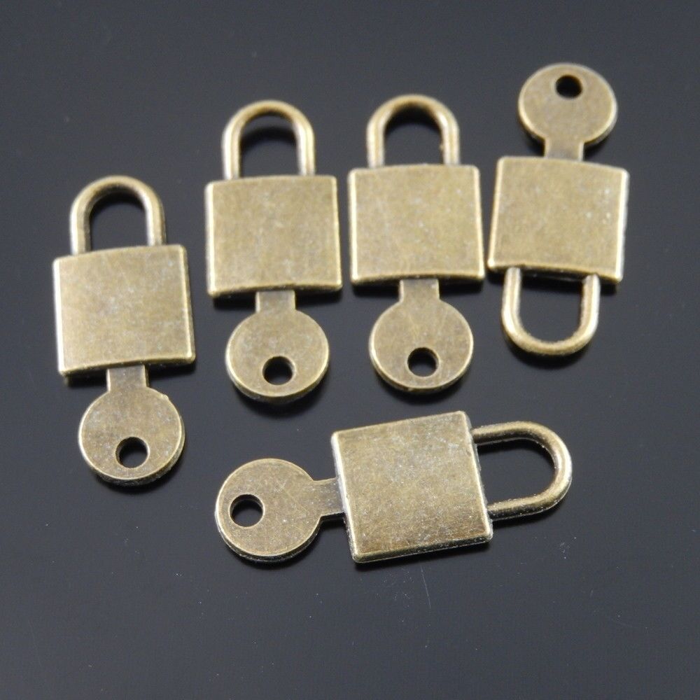 20 pcs Antiqued Bronze Alloy Lock Key Pendant Charm For Jewelry Making 25x9mm