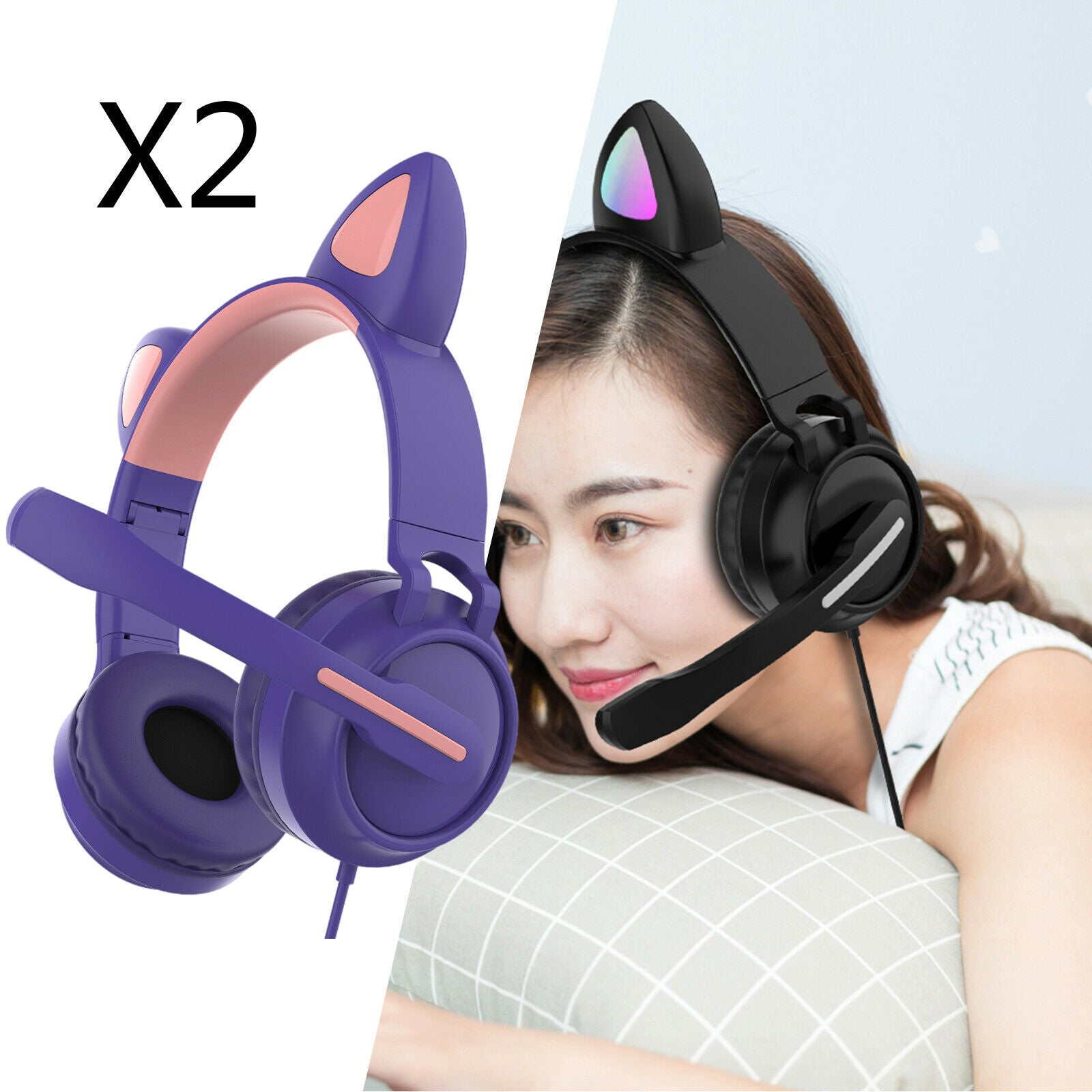 Set of 2 USB Cat Ear Wired Headset Headphones LED Light for PC Games TV