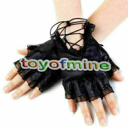 Gothic Punk Women's Lambskin Leather Lace Trim Straps Fingerless Gloves Black