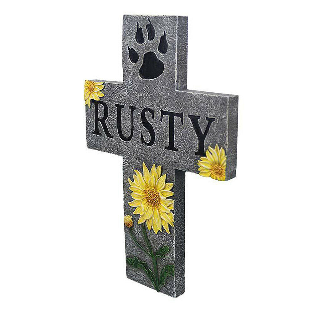 Pet Memorial Stone Cross Ornaments Dog Paw Print Gravestone Tombstone Outdoor
