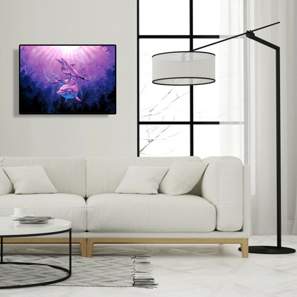 Three Purple Dolphins Diamond Painting Cross Stitch Needlework Mosaic Kit @