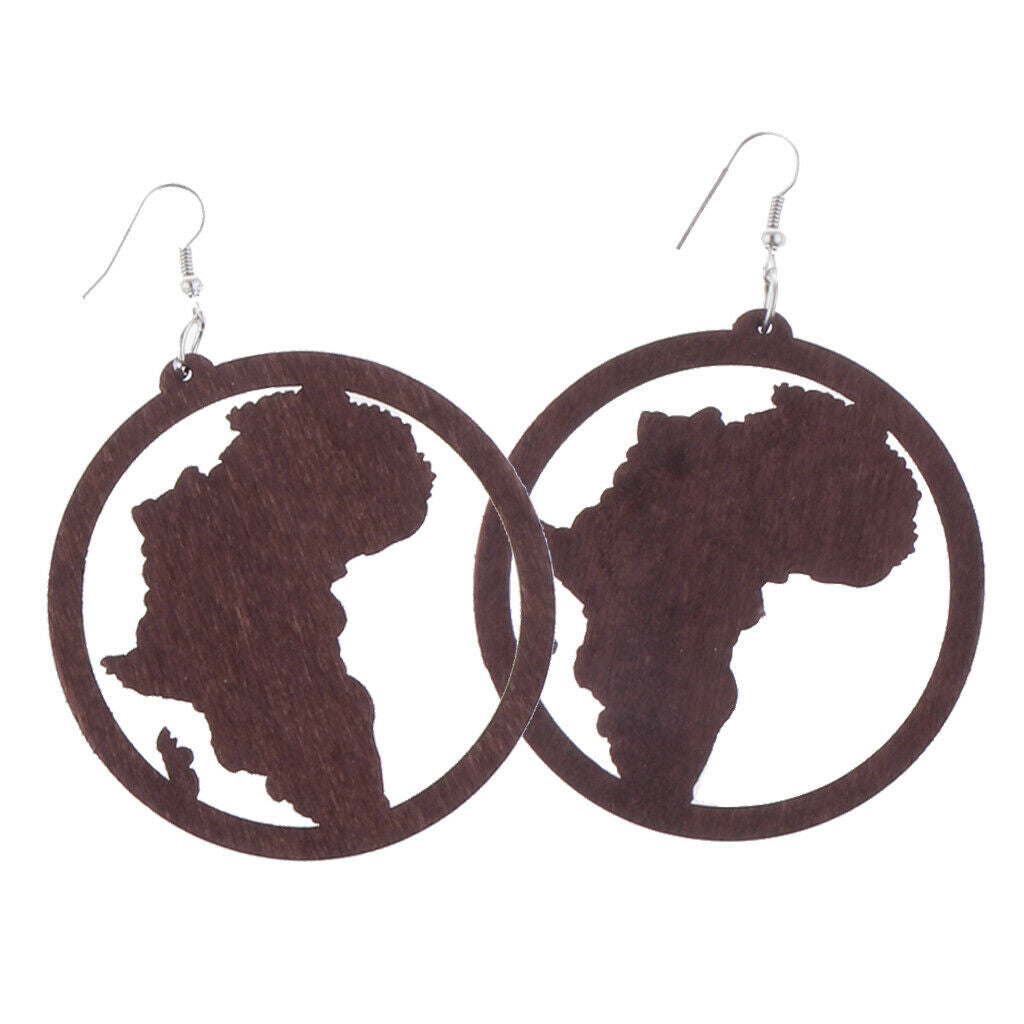 2 Pair Exaggerate Geometric African Map Wooden Drop Dangle Hook Earrings Set