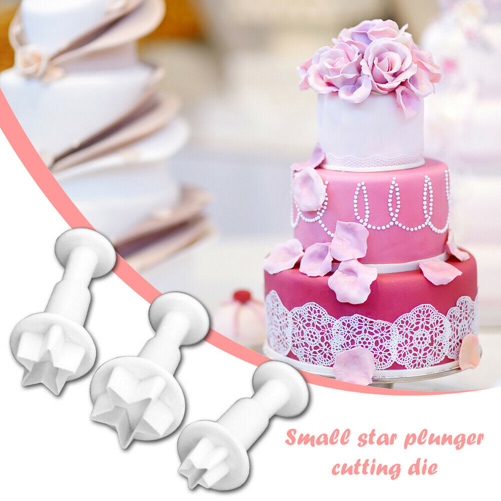 3pcs Silicone Star Plunger Fondant Mold Biscuit Cookies Cutter Cake Decor @