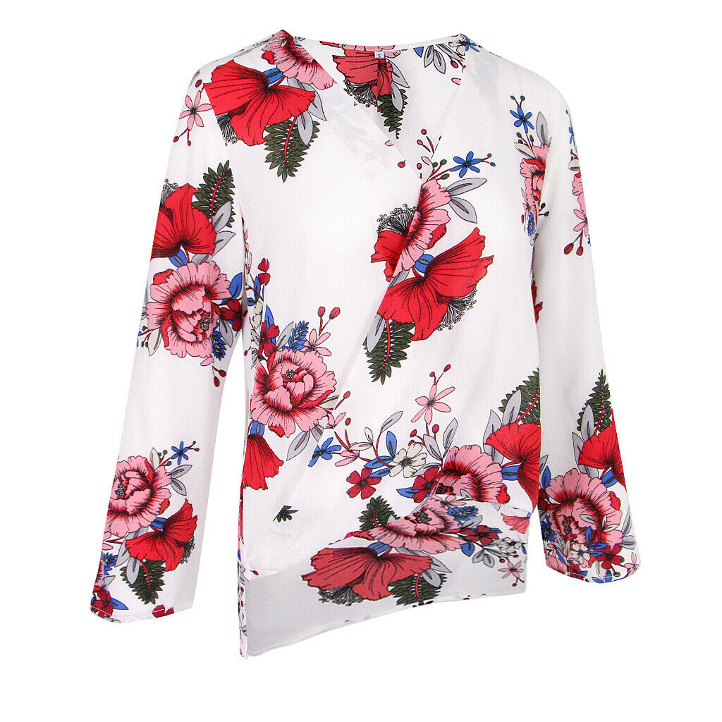 Women's V-Neck Bell Sleeve Blouse Floral Print Wrap Front Top Shirt M White