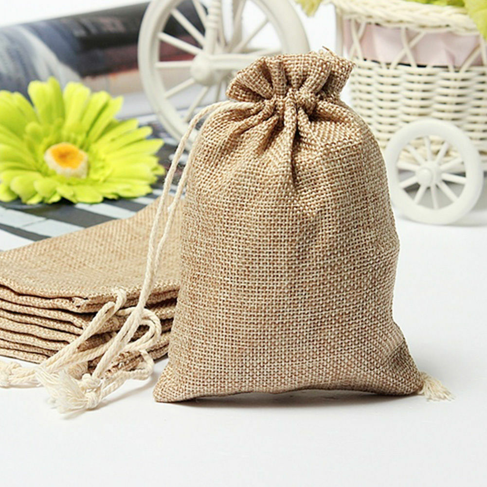 10Pcs Nature Color Linen Gifts Bags Small Burlap Jewelries Pouch For Wedding