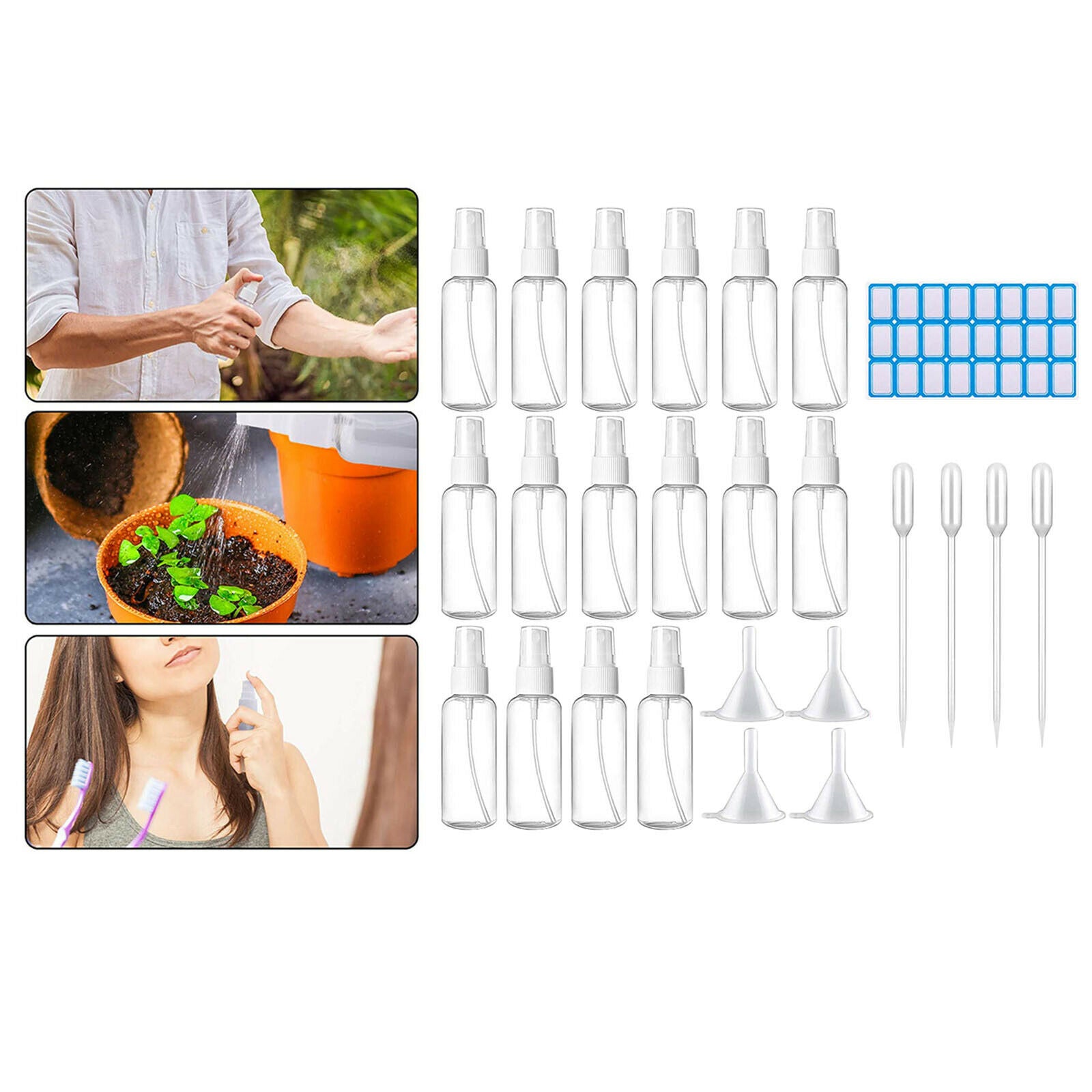 60ml 2oz 16x Empty Spray Bottle Home Refillable Plastic Bottles with Funnels