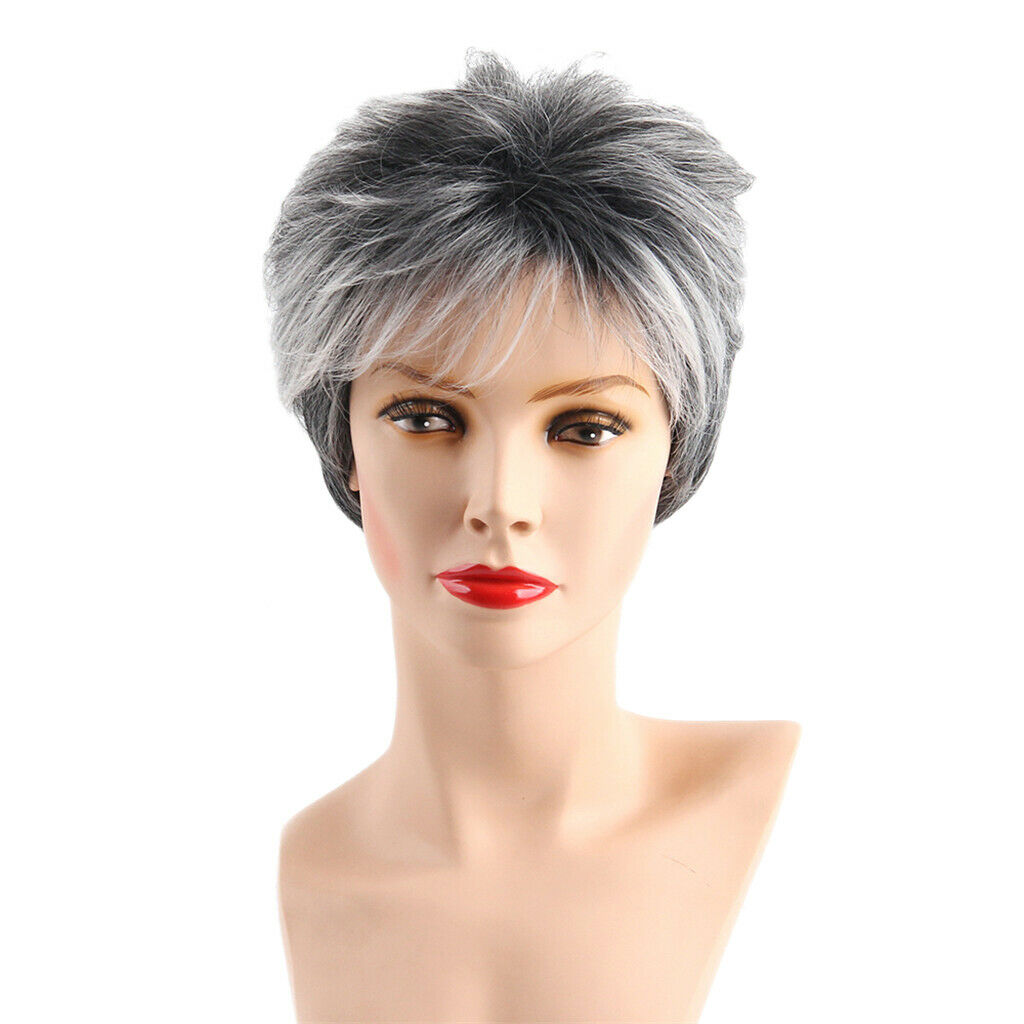 Female Full Wig Gray And White Short Wig Synthetic Synthetic Hair Womens Women