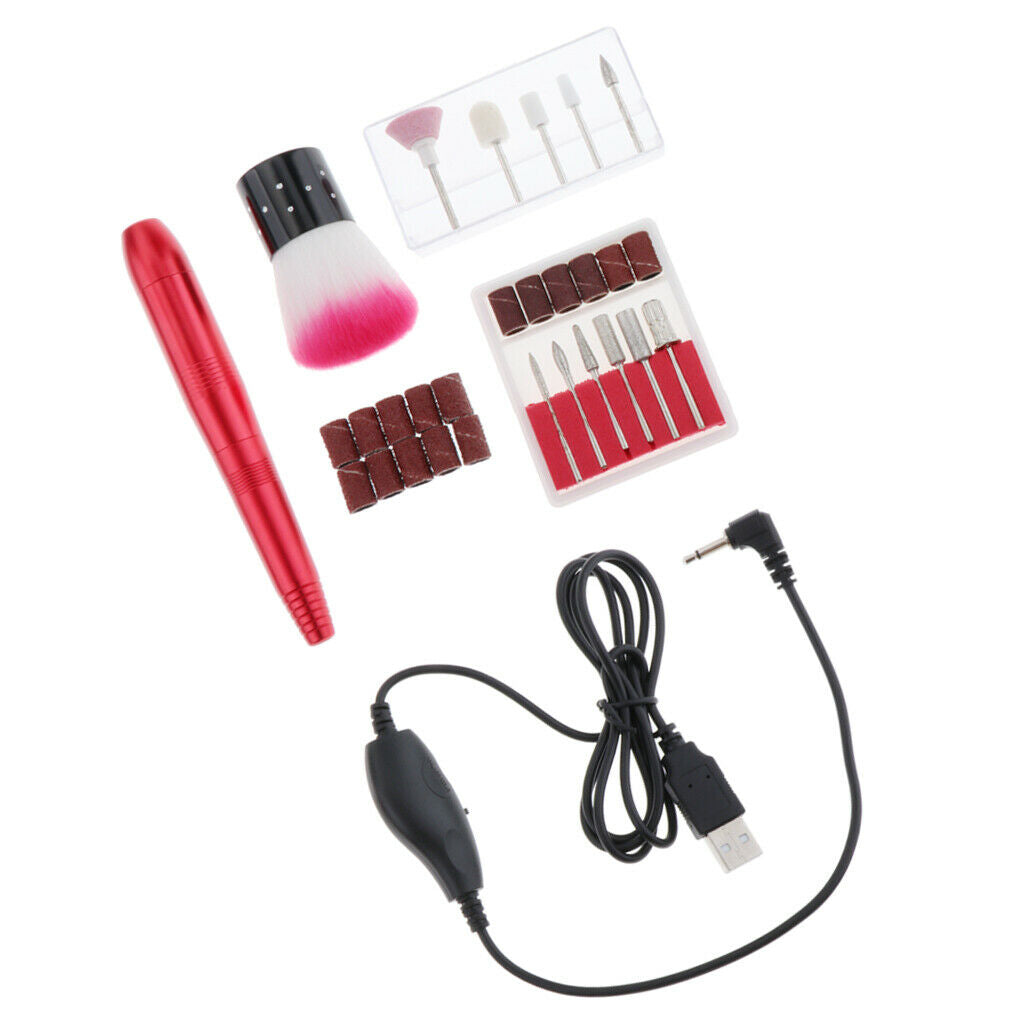 Electric Nail Drill File Machine Kit Manicure Nail Polisher Drill Bits Brush Red