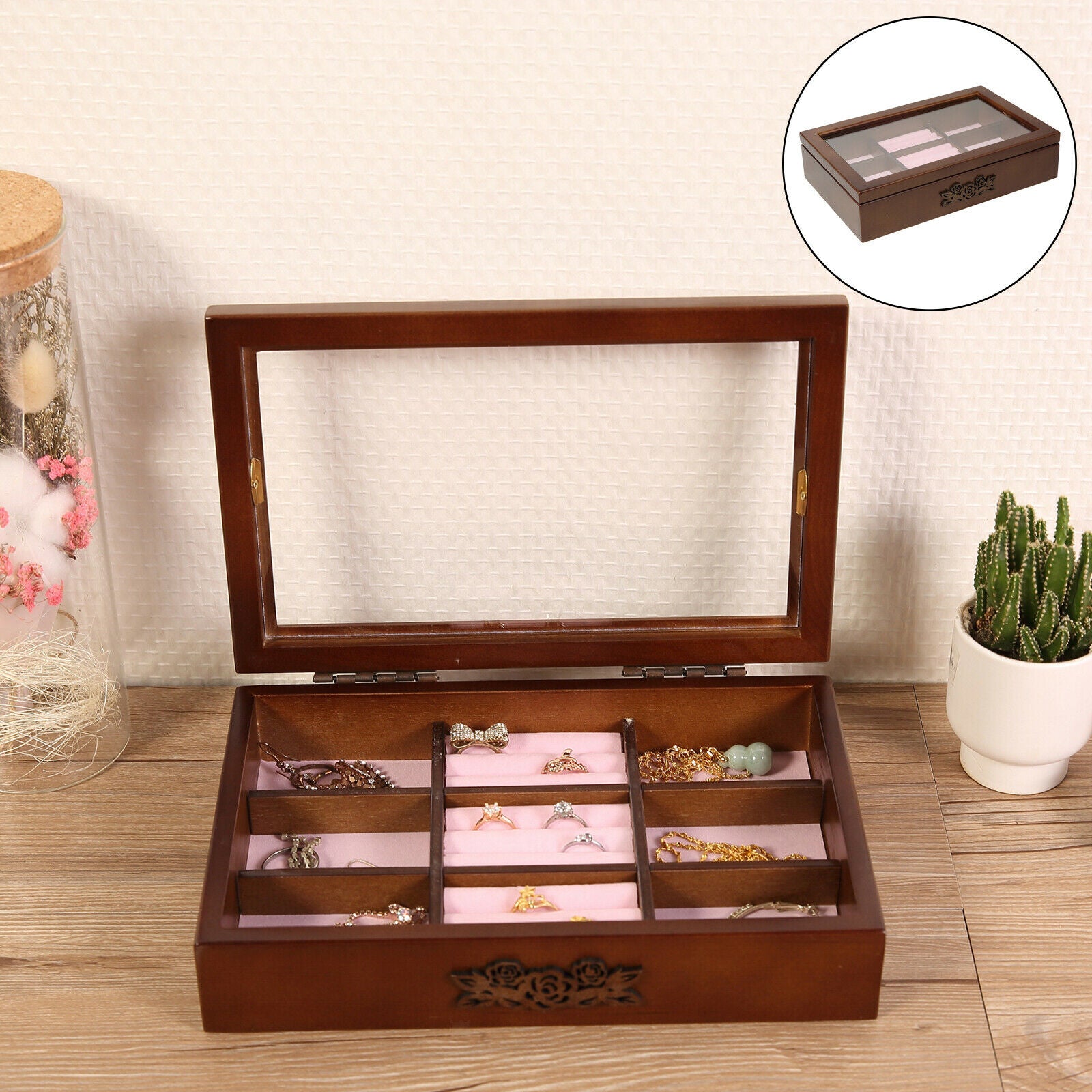 Clear Top Wooden Jewelry Display Box Case Watch Organizer Container Case