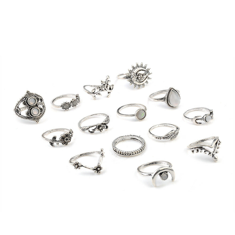 14 Pcs/set Boho Moon&Sun Knuckle Opal Rings Set Leaf Flower Midi Rings Jewelry
