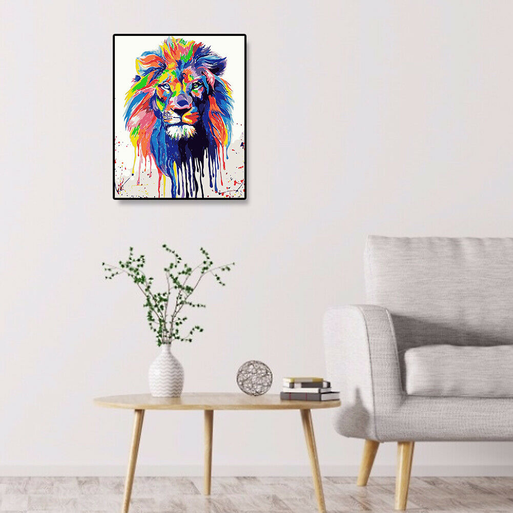 Painting By Numbers Kit Frameless DIY Hand Painted Colorful Lion Oil Canvas @