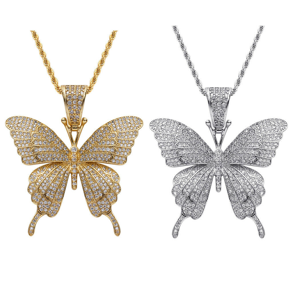 2x Charm Jewelry Zircon Butterfly Pendants Necklace Hip Hop Chain Unisex