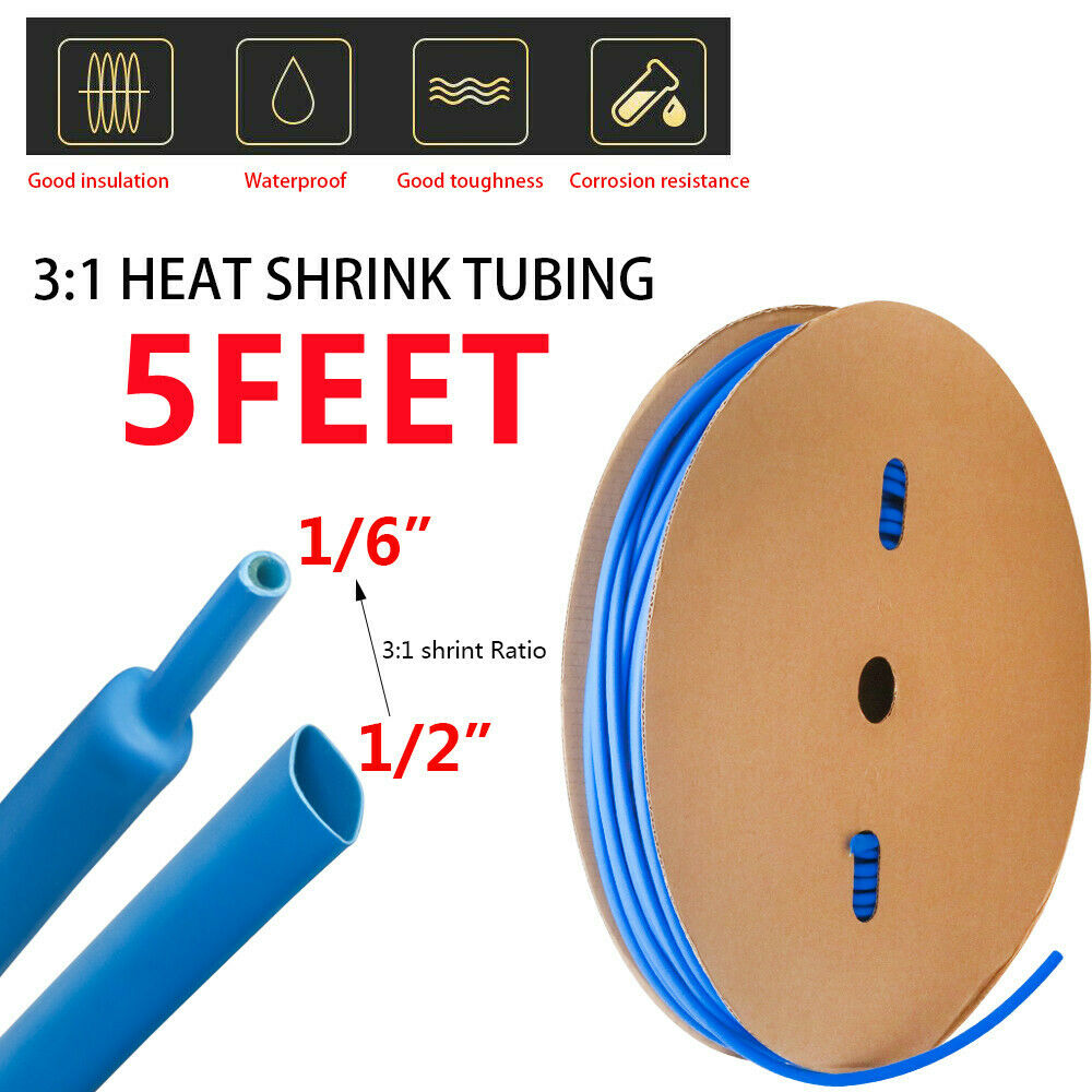 Marine Dual Wall Heat Shrink Tubing 3:1 Ratio Adhesive Glue Lined Blue 5Ft 1/2"