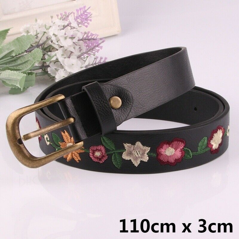 Women Belt Leather Metal Buckle Waistband Retro Embroidered Flower 110cm Long