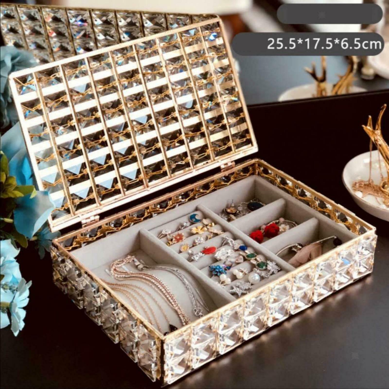 Luxury Crystal Jewelry Box with Lid Ring Necklace Beads Trinket Storage Case