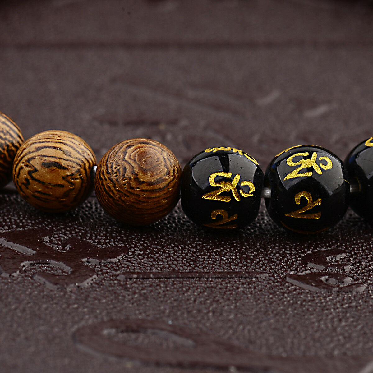 8mm Tibetan Black Agate & Wooden Bead Carve Mantra Om Mani Hum Amulet Bracelets