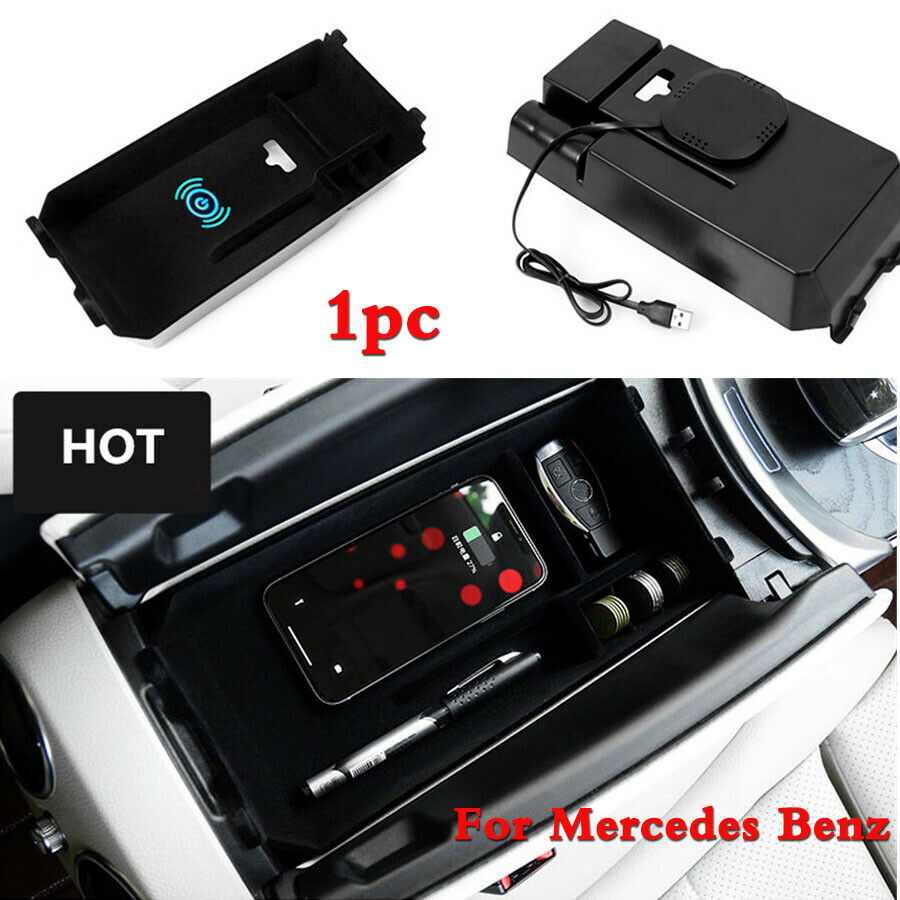 1x QI Wireless Charging Center Console Armrest Sundries Box For Mercedes Benz