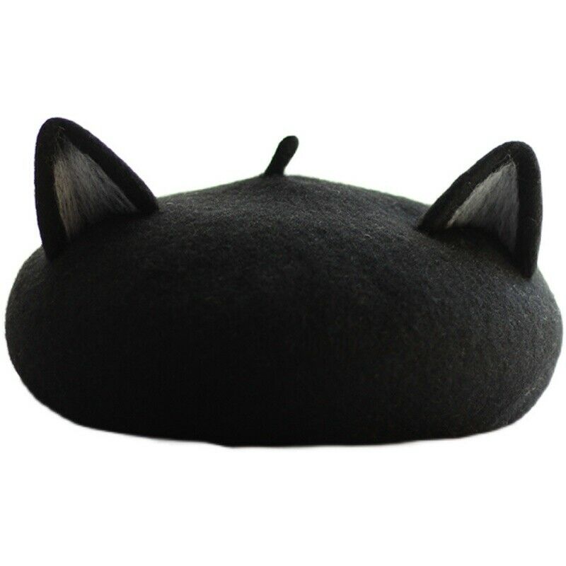 Lady Beret Cap Painter Hat Lolita Wool Blend Black Cat Ear Beanie Thermal Winter