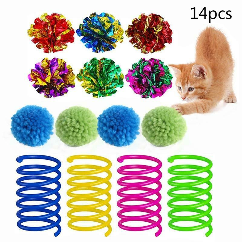 14Pcs Toys for Indoor Cat Twin-Color Mylar Paper Crinkle Balls Pom Poms Springs