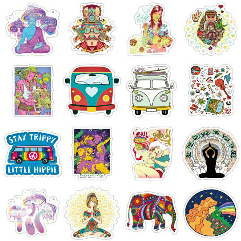 50Pcs Retro Hippies Stickers Waterproof Laptop Skateboard Luggage Guitar Stic Lt