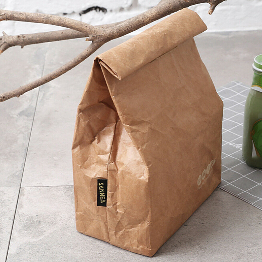Brown Paper Lunch Bag Reusable Insulated Thermal Cooler Sack Magnetic Closul SJ