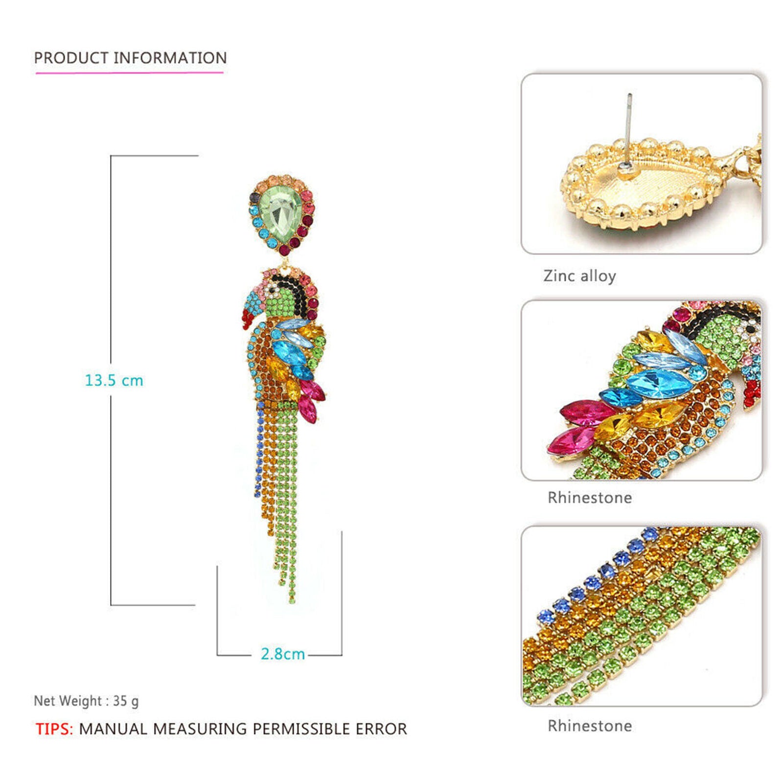 Crystal Rhinestone Tassel Parrot Dangle Earrings Women Earring Jewelry Gift