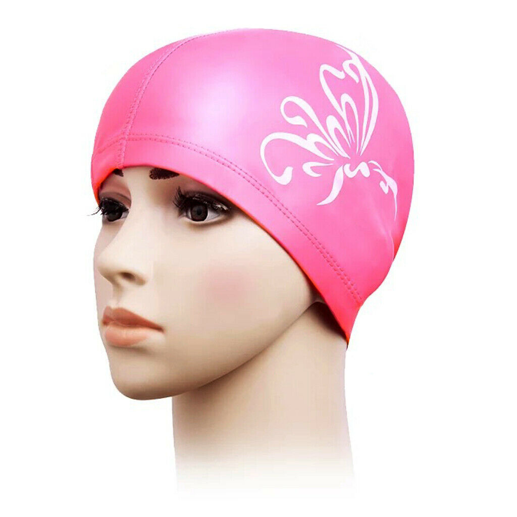 Unisex PU Waterproof Swimming   Hat Ear Long Hair Cover Bathing   Pink