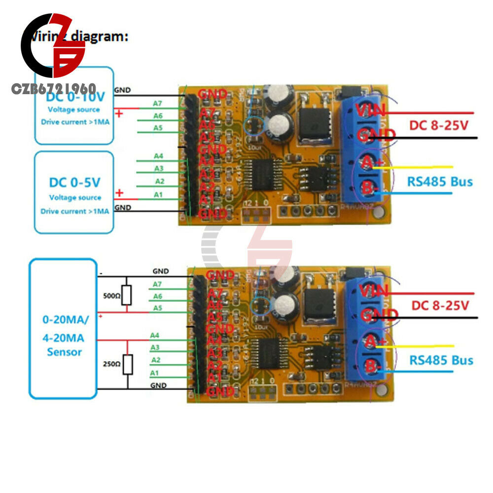 5V/10V R4AVA07 7CH DC Analog Voltage Acquisition Sampler RS485 ModBus RTU Module