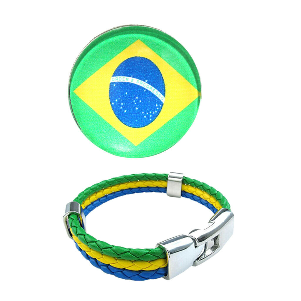 2 Pieces Braided Wristband Brooch Set Football Fans Brazil Country Flag