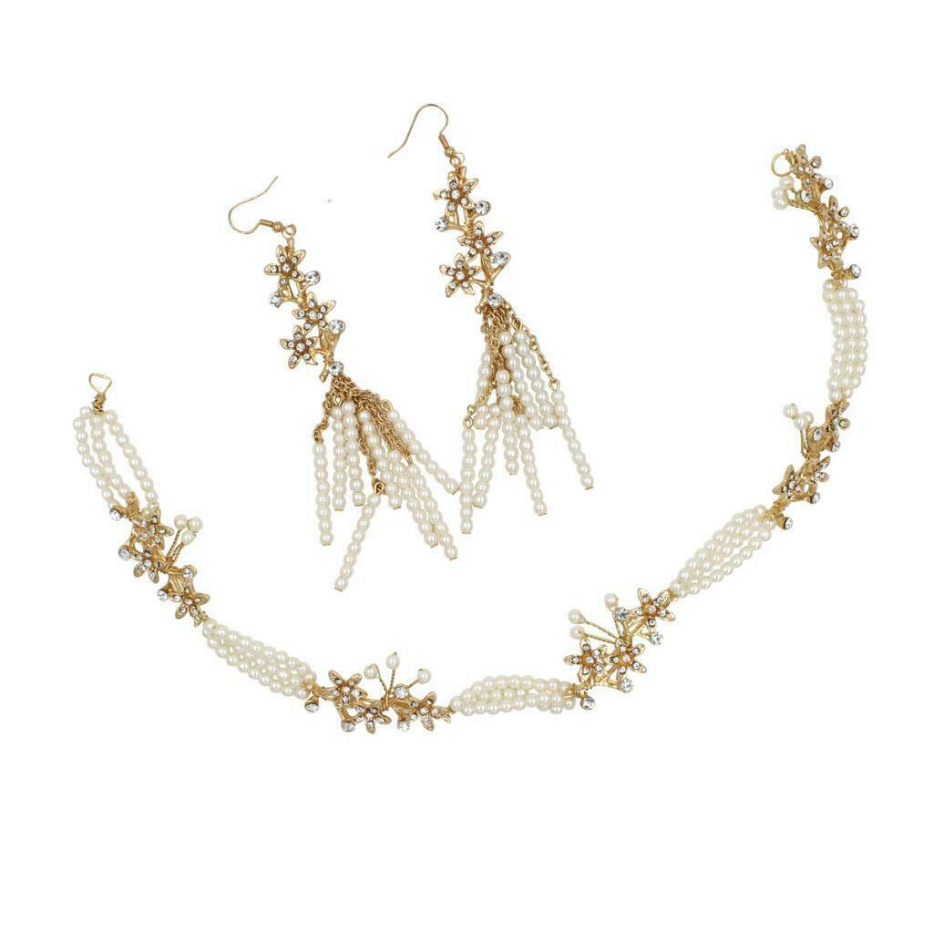Women Bridal Hair Band Pearls Earrings Set Wedding Party Prom Headpiece