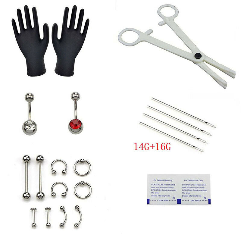 PRO14G/16G Body Piercing Kit Needle Nipple Belly Tongue Eyebrow Nose Lip Rin LQ