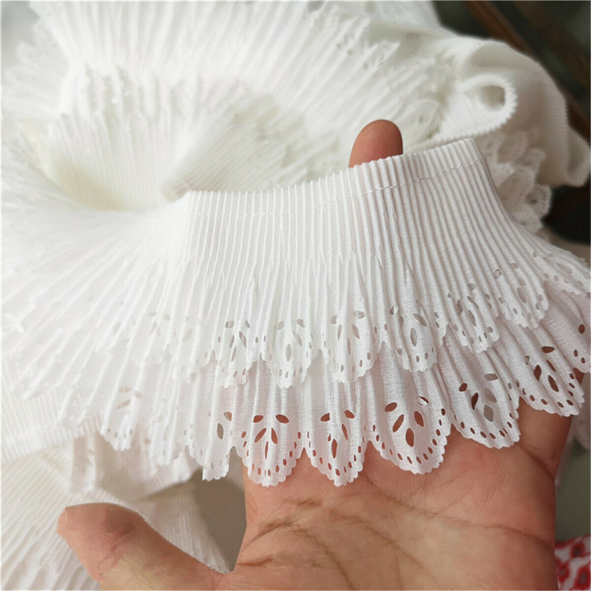 1Yd White Hollow Chiffon Lace Trims Double Layer Ribbon DIY Sewing 3.15" Width