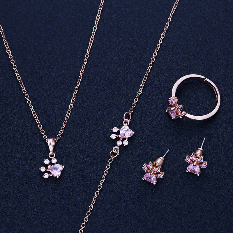 4X Footprints Paw Jewelry Set Crystal Necklace Bracelet Ring Earings Hot .l8
