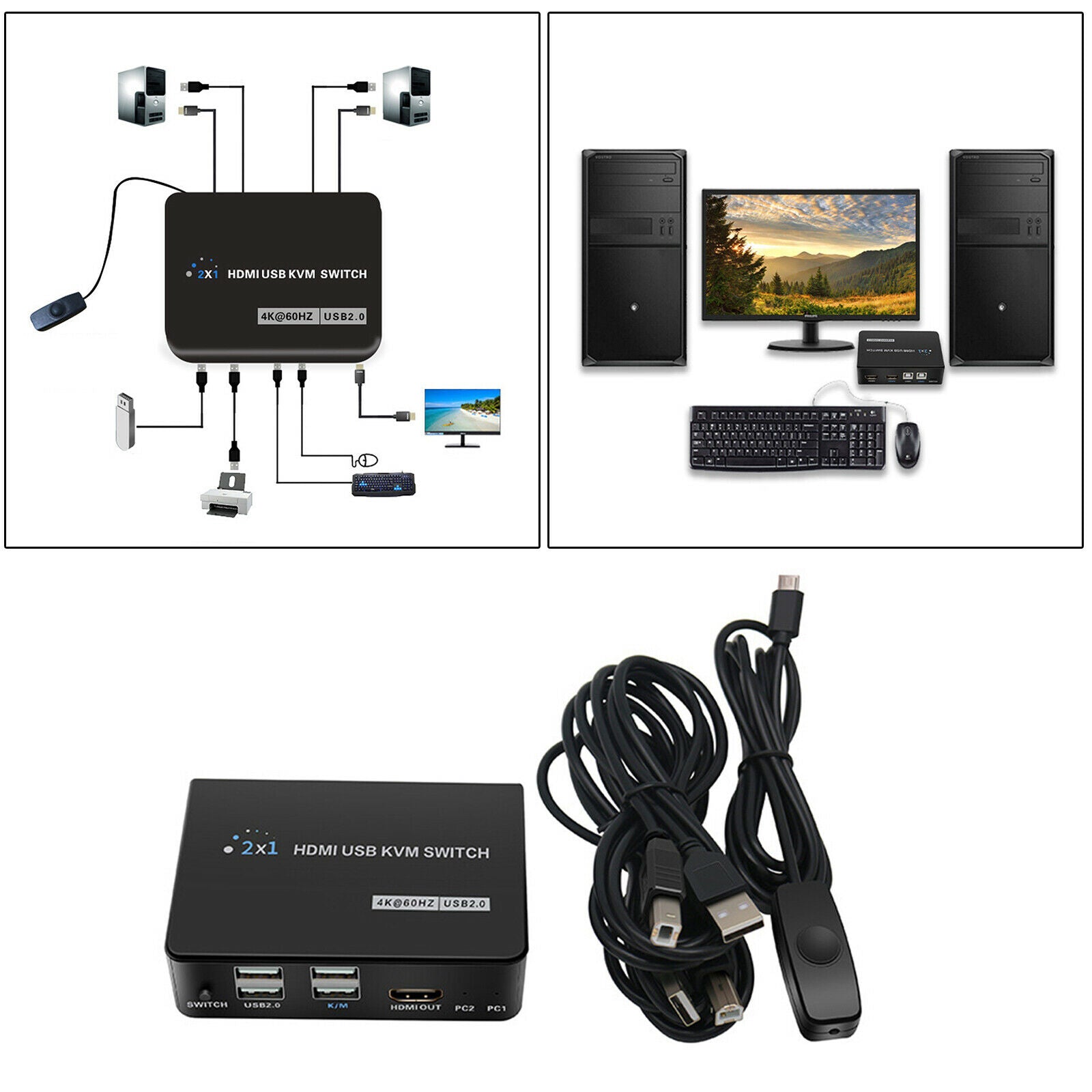 2 In 1 Out HDMI KVM Switch 4K@60Hz Sharing 1 Monitor Keyboard Mouse Printer
