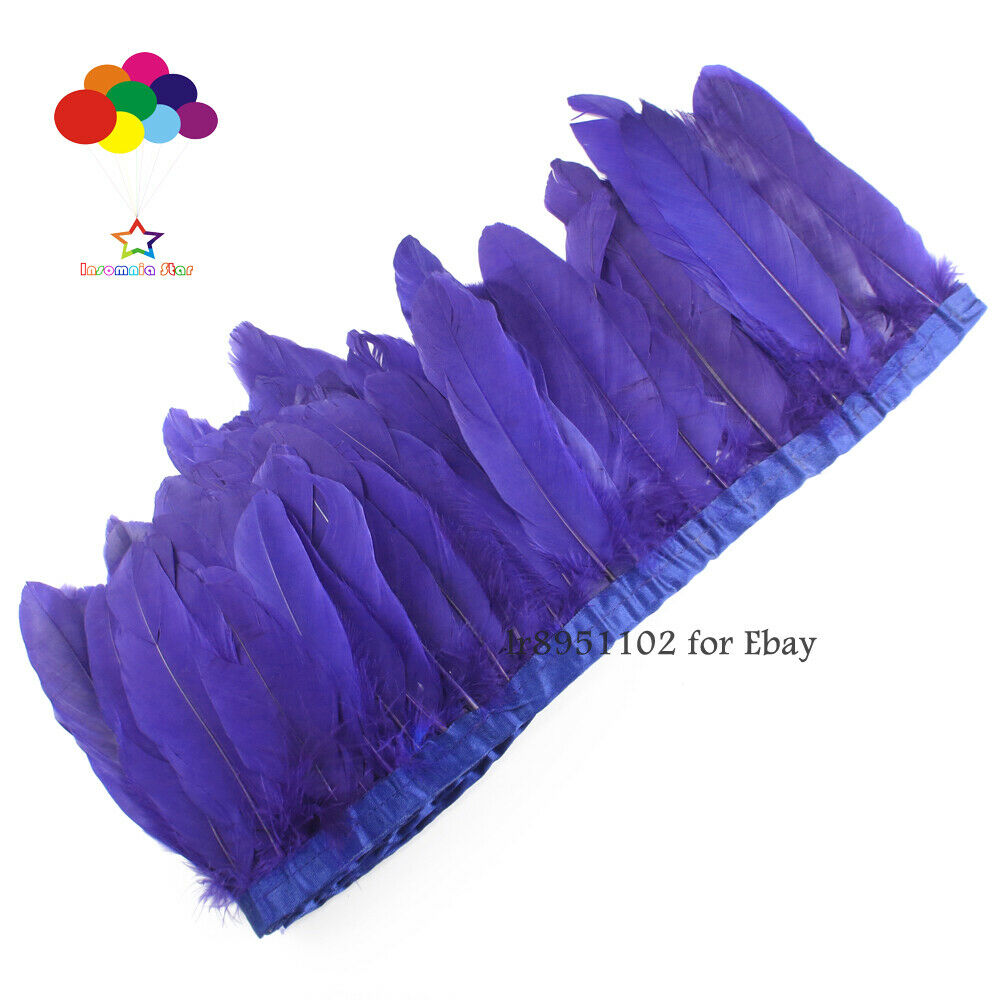 2 Meter geese feather fringe bleached Navy Goose Feather Trims with Satin Ribbon