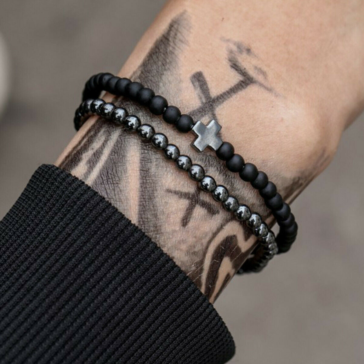 2pcs Cross Cooper Bead Bracelet Men Matte Lava Volcanic Stone Charm Jewelry