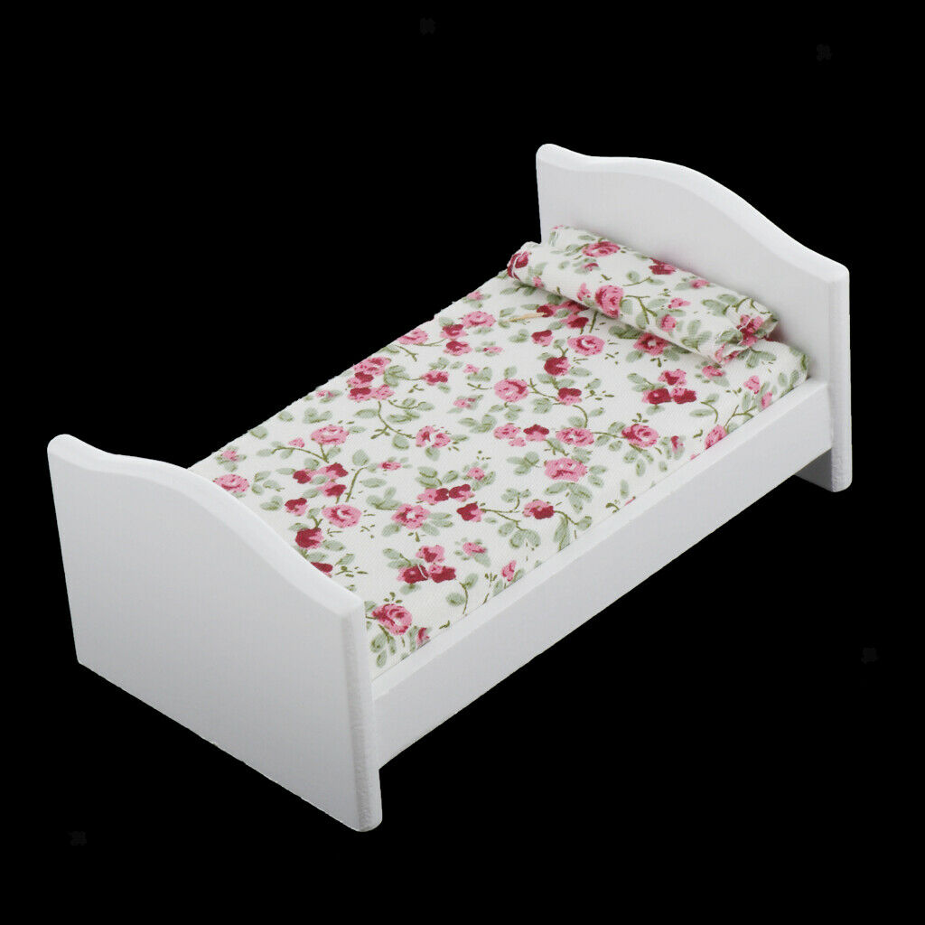 1:12 Scale Single Bed Floral Mattress Bedside Cabinet Furniture Accessory