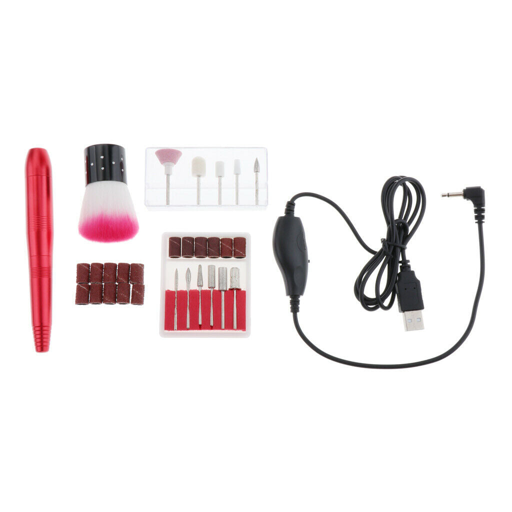Electric Nail Drill File Machine Kit Manicure Nail Polisher Drill Bits Brush Red